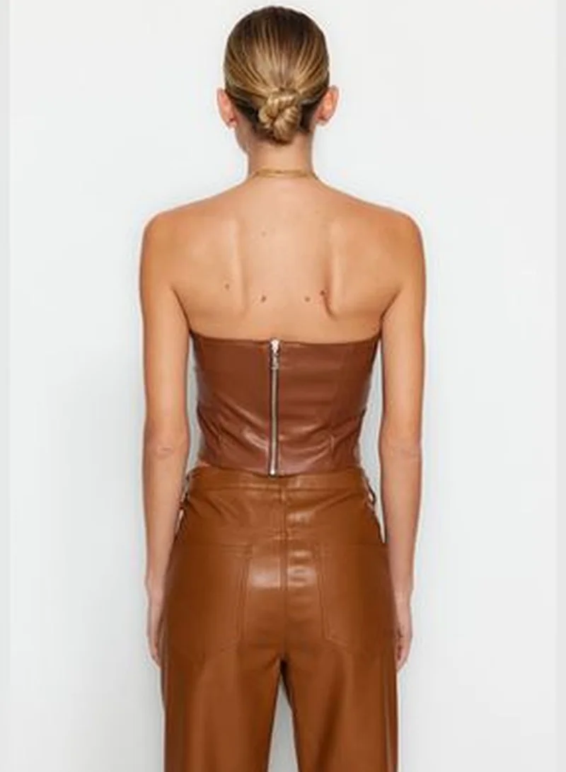 trendyol Brown Crop Faux Leather Bustier TPRAW24BS00021