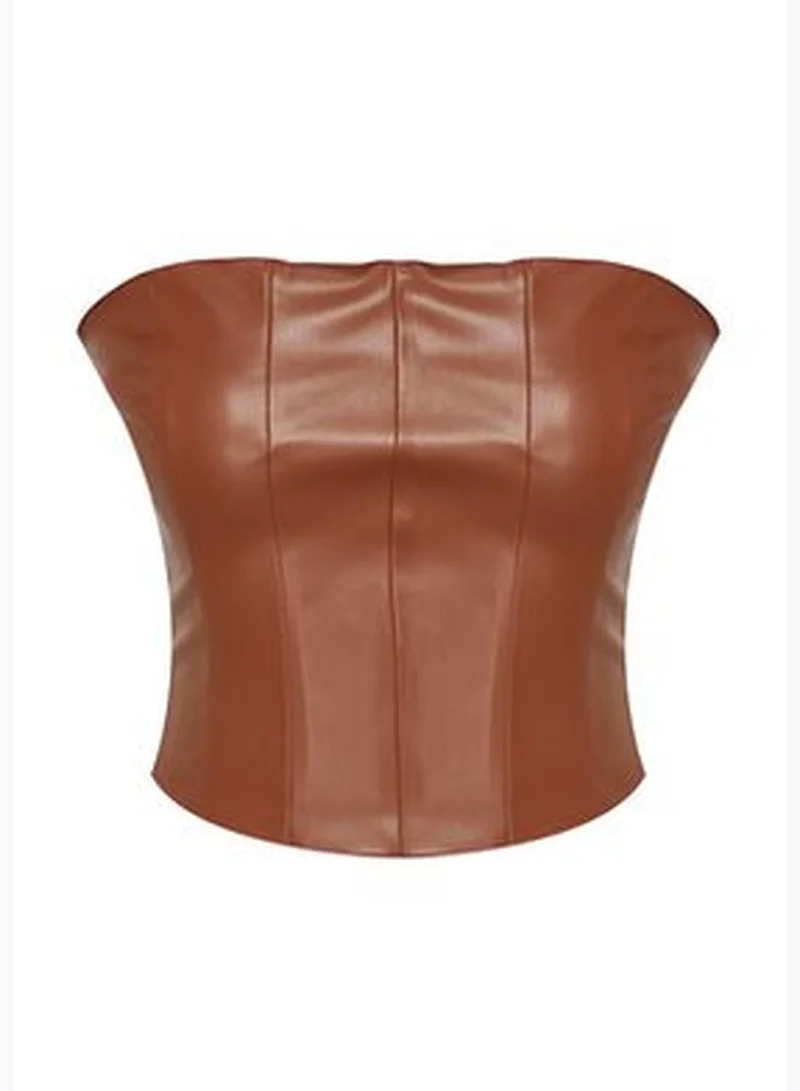 trendyol Brown Crop Faux Leather Bustier TPRAW24BS00021