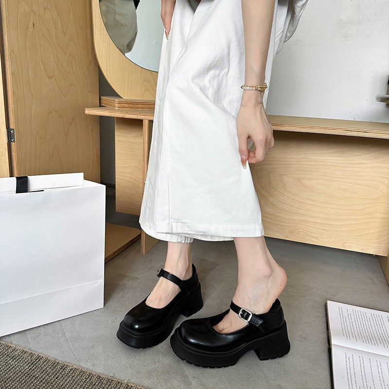 Vintage All-Match Round Toe Thick Bottom Mary Jane Shoes Women'S Spring French Style Thick Heel Shallow Mouth Single Shoes - Image 1