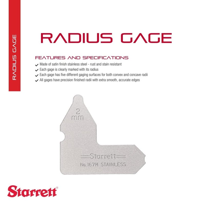Starrett Individual Radius Gage for Both Convex and Concave Radii - Ideal for Carpenters and Constructions - Stainless Steel, 2mm Radius Gage, Millimeter Reading - 167M-2 - Image 2