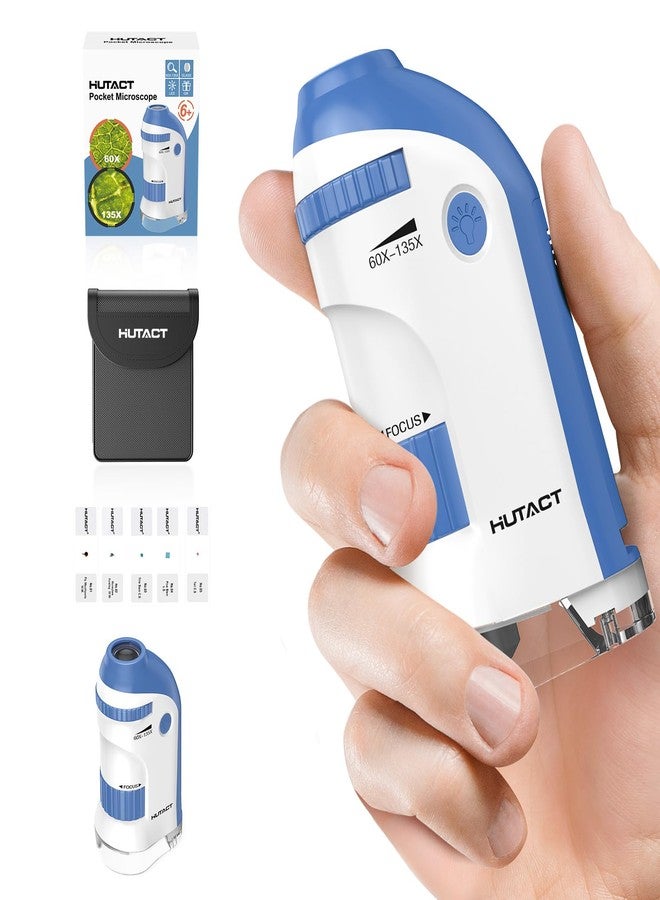 HUTACT Pocket Microscope for Kids Portable Miniscope: 60-135X Mini Microscope with 5 Prepared Slides - Science Education and Nature Exploration Gifts for Boys Girls 6 7 8 9 10 11 12 (Navy Blue) - Image 1