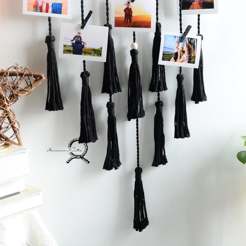 Macrame Kn0ts Wall Photo Hanging with 10 Clips Best for Bohemian Home Wall Decor, Aesthetic Room Decor, Decorate Your Room, Home Decor Item for Room (Photos not Included) (Black) - Image 3