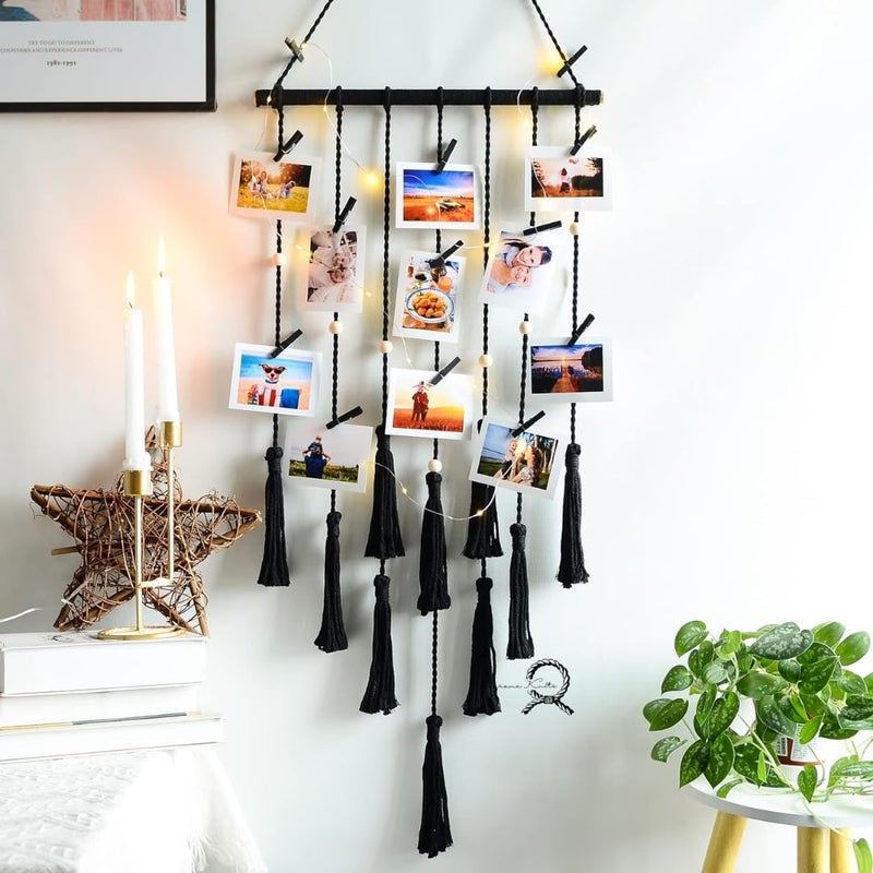 Macrame Kn0ts Wall Photo Hanging with 10 Clips Best for Bohemian Home Wall Decor, Aesthetic Room Decor, Decorate Your Room, Home Decor Item for Room (Photos not Included) (Black) - Image 1