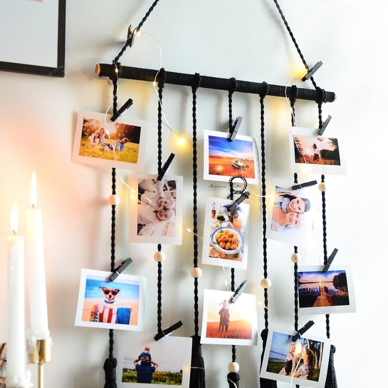 Macrame Kn0ts Wall Photo Hanging with 10 Clips Best for Bohemian Home Wall Decor, Aesthetic Room Decor, Decorate Your Room, Home Decor Item for Room (Photos not Included) (Black) - Image 2