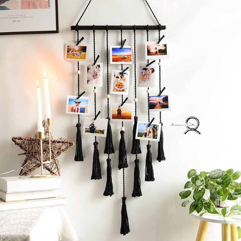 Macrame Kn0ts Wall Photo Hanging with 10 Clips Best for Bohemian Home Wall Decor, Aesthetic Room Decor, Decorate Your Room, Home Decor Item for Room (Photos not Included) (Black) - Image 4
