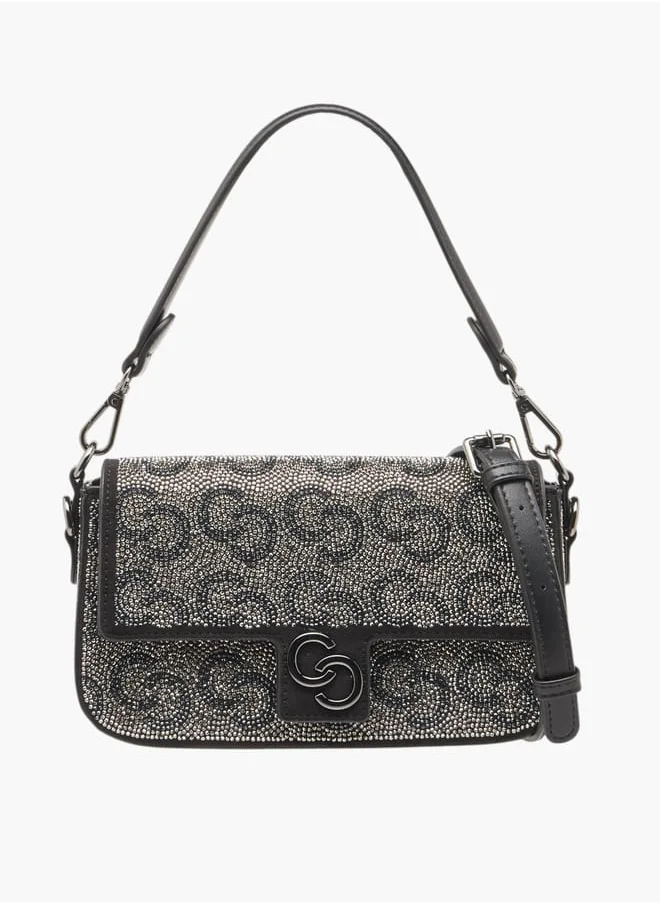 Celeste Women Logo Embellished Crossbody Bag with Detachable Strap and Flap Closure