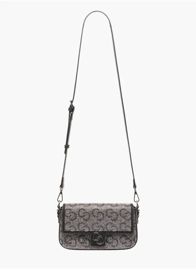 Celeste Women Logo Embellished Crossbody Bag with Detachable Strap and Flap Closure