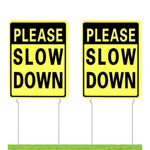 Kichwit Please Slow Down Yard Signs with Metal Stakes 16 x 12 Inches25 Inch High 2 Pack Double Sided Plastic Slow Down Signs for Neighborhoods