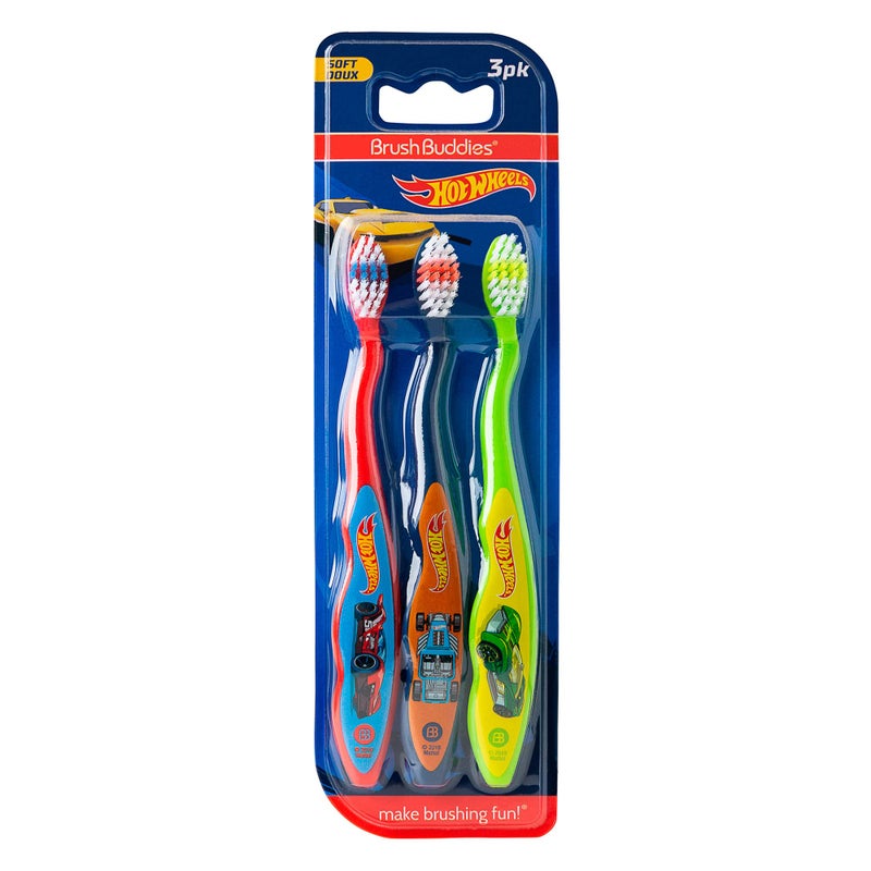 Brush Buddies Hot Wheels Manual Toothbrushes for Kids 3 Pack Soft Bristled Childrens Toothbrushes with Fun MultiColored Designs AntiSlip Grip Handles Perfect for Toddlers Home Use or Travel