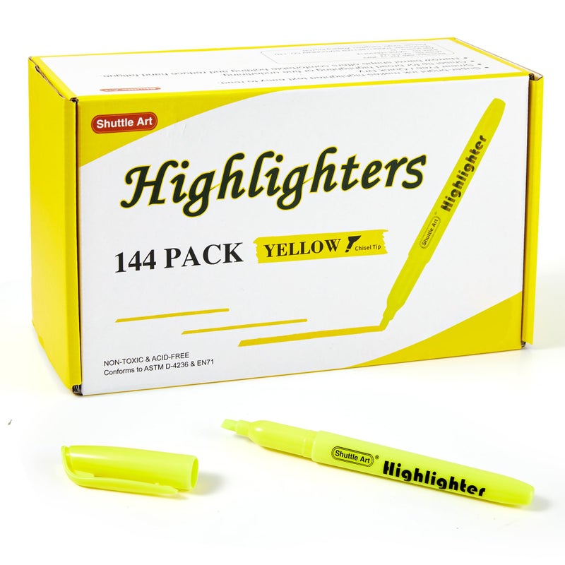 Shuttle Art 144 Pack Highlighters, Yellow Highlighter Pen Bulk with Versatile Chisel Tip Dry-Quickly Non-Toxic Highlighter Markers for Adults Kids Highlighting in Home School Office - Image 1