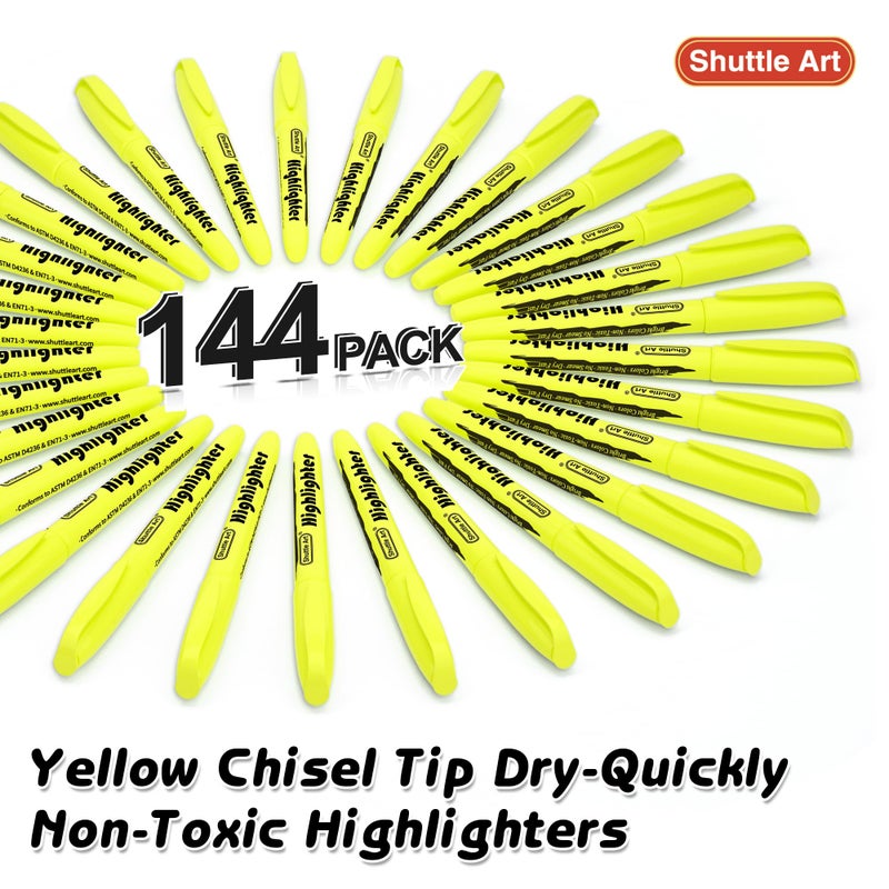 Shuttle Art 144 Pack Highlighters, Yellow Highlighter Pen Bulk with Versatile Chisel Tip Dry-Quickly Non-Toxic Highlighter Markers for Adults Kids Highlighting in Home School Office - Image 2