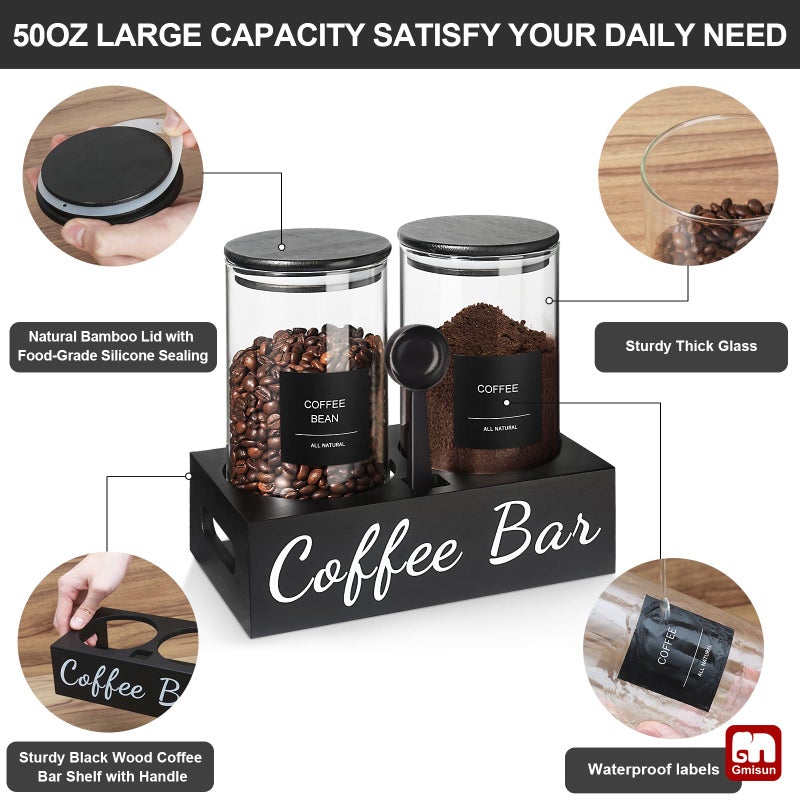 GM GMISUN GMISUN Coffee Container  2Pcs 50oz Black Glass Coffee Bean Storage Canister with Airtight Lids  Coffee and Sugar Jar Set with Scoop/Shelf/Labels  Coffee Containers for Coffee Bar Ground Coffee/Tea - Image 5