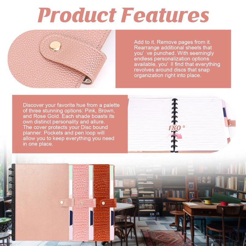 SKLENICE PU Leather Discbound Notebook 8.5" x 11" Disc Bound Planner Supplies With Discs 5 Tab Note Dividers & 60 Pages Wide Ruled Disc Planner for Work Travel Note Taking (Letter Size,Rose Gold) - Image 4