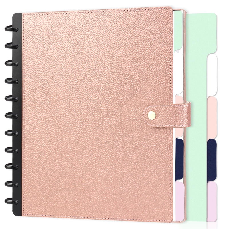 SKLENICE PU Leather Discbound Notebook 8.5" x 11" Disc Bound Planner Supplies With Discs 5 Tab Note Dividers & 60 Pages Wide Ruled Disc Planner for Work Travel Note Taking (Letter Size,Rose Gold) - Image 1