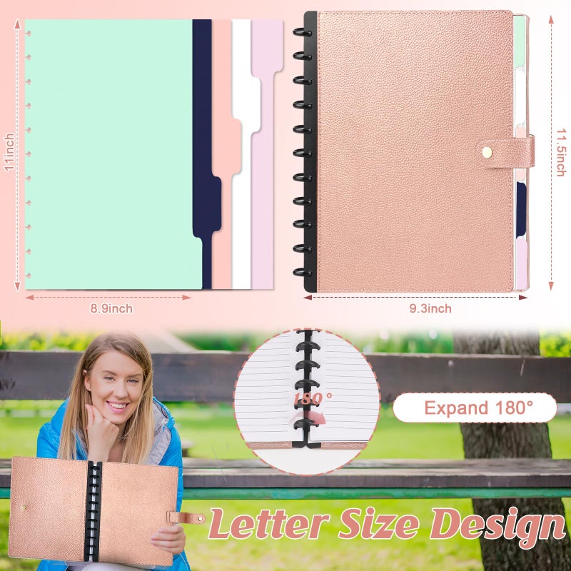 SKLENICE PU Leather Discbound Notebook 8.5" x 11" Disc Bound Planner Supplies With Discs 5 Tab Note Dividers & 60 Pages Wide Ruled Disc Planner for Work Travel Note Taking (Letter Size,Rose Gold) - Image 2