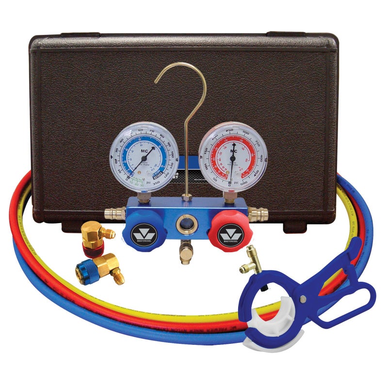 Mastercool 89660PRO5 Automotive R134a 2Way Manifold Gauge Set with 3in1 Can Tap Valve US Designed Assembled and Tested Includes 60 Hoses and R134a Couplers
