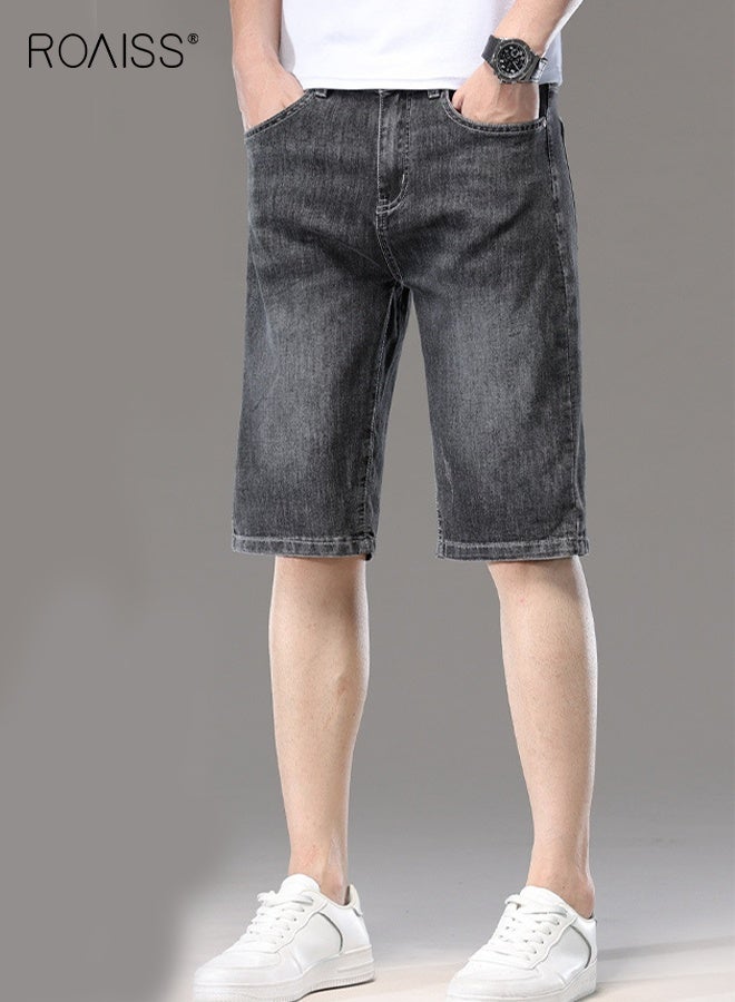 roaiss Summer Men's Cargo Denim Short Thin Loose Popular Casual Comfortable Pants Zipper Washed Straight with Multi-pockets Decoration Daily Work Street Short - Image 1