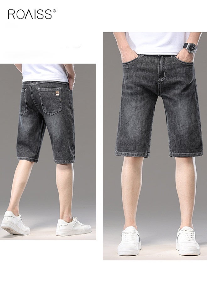 roaiss Summer Men's Cargo Denim Short Thin Loose Popular Casual Comfortable Pants Zipper Washed Straight with Multi-pockets Decoration Daily Work Street Short - Image 2