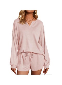 Womens Waffle Knit Pajamas Lounge Set Long Sleeve Top and Shorts 2 Piece Loungewear with Pockets