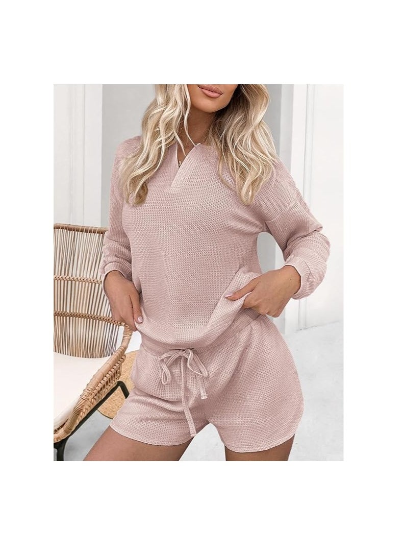 Generic - Womens Waffle Knit Pajamas Lounge Set Long Sleeve Top and Shorts 2 Piece Loungewear with Pockets - Image 1