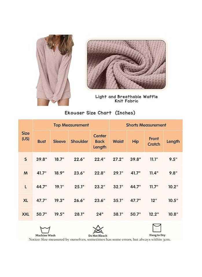 Generic - Womens Waffle Knit Pajamas Lounge Set Long Sleeve Top and Shorts 2 Piece Loungewear with Pockets - Image 1