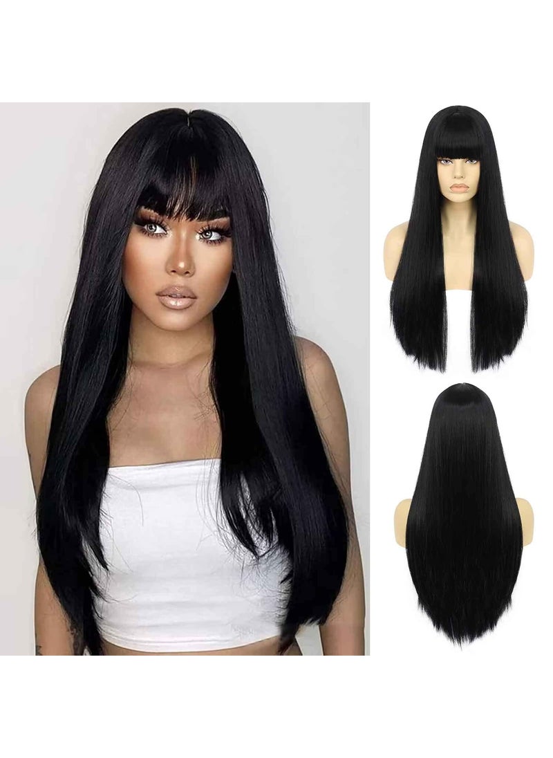Ebingoo Ebingoo 28 Inch Long Black Wig with Bangs for Women Wig Cap Long Straight Black Wig Heat Resistant Synthetic Wig for Women Girls Halloween Cosplay Costume Daily Wear Party 