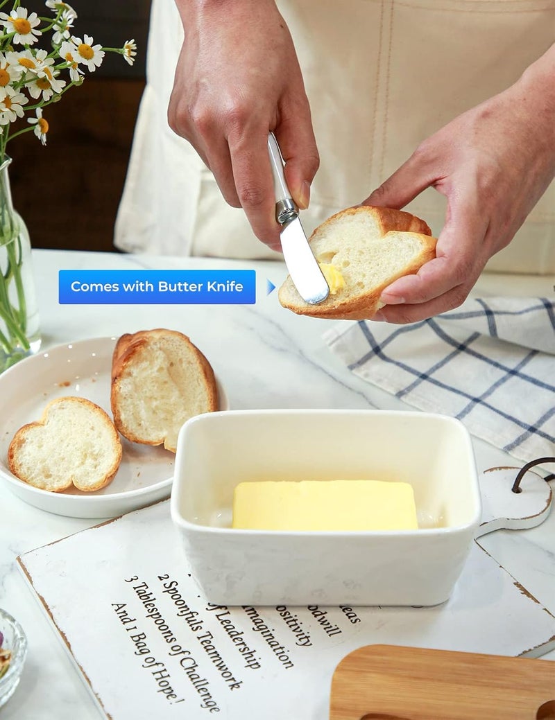 wtisan Butter Dish with Lid: Large Butter Dish for Countertop - Ceramic Butter Container with Knife Double Silicone Seal - Unique Stone Butter Dishes with Covers for Farmhouse Kitchen Decor Home Decor White - Image 4