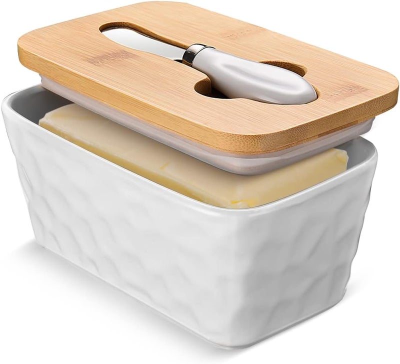 wtisan Butter Dish with Lid: Large Butter Dish for Countertop - Ceramic Butter Container with Knife Double Silicone Seal - Unique Stone Butter Dishes with Covers for Farmhouse Kitchen Decor Home Decor White - Image 1
