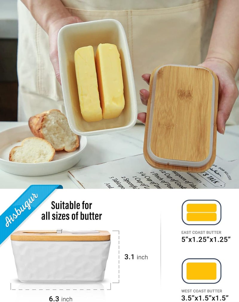 wtisan Butter Dish with Lid: Large Butter Dish for Countertop - Ceramic Butter Container with Knife Double Silicone Seal - Unique Stone Butter Dishes with Covers for Farmhouse Kitchen Decor Home Decor White - Image 2