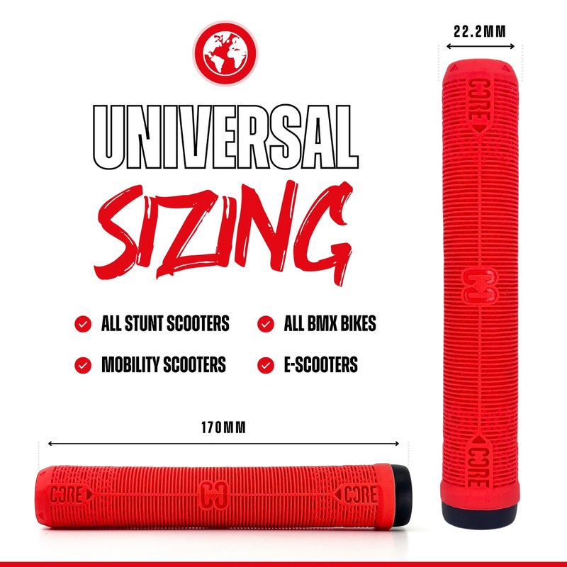 CORE Handlebar Grips for Bikes & Stunt Scooters Cycling Mountain Bike Super Soft Non Slip Longneck Grips Bar Ends Included Fits All Stunt Scooters and BMX Bikes (Skinny - Red) - Image 2