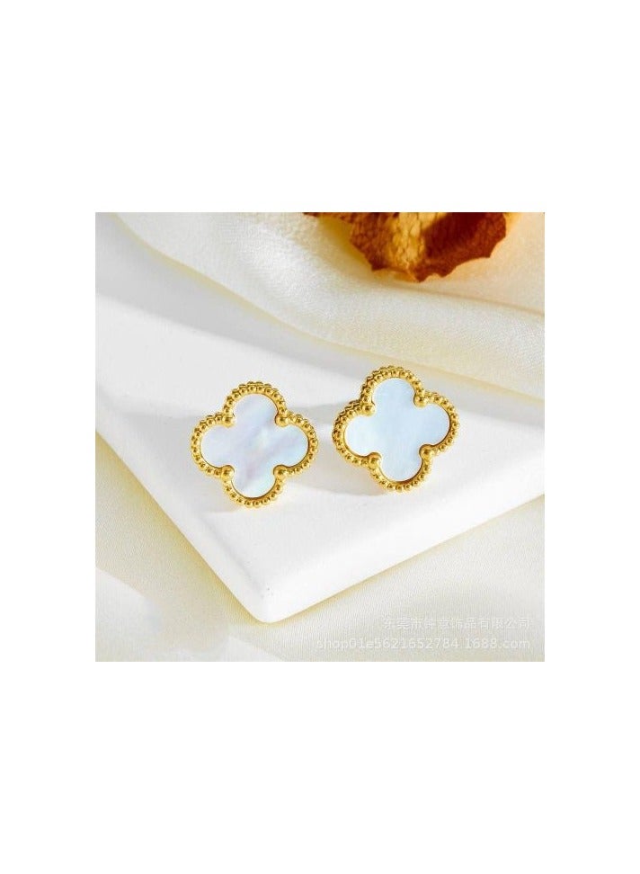 Luxuria 18K Gold Plated Stainless Steel Four Leaf Clover Stud Earrings, Fashion Jewelry Gift for Women and Girls, Must-Have Artwork - White - Image 2