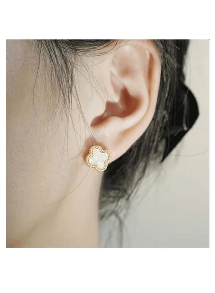 Luxuria 18K Gold Plated Stainless Steel Four Leaf Clover Stud Earrings, Fashion Jewelry Gift for Women and Girls, Must-Have Artwork - White - Image 3