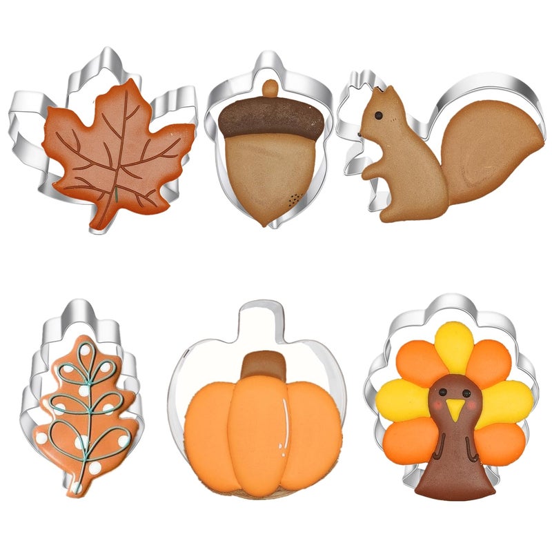 TUZICAKE 6 Pieces Thanksgiving Cookie Cutters  Fall Themed Holiday Cookie Cutter Shapes of Pumpkin Maple Leaves Oak Leaves Turkey Squirrel and Acorn Cookie Cutters with Decorating Instructions - Image 1