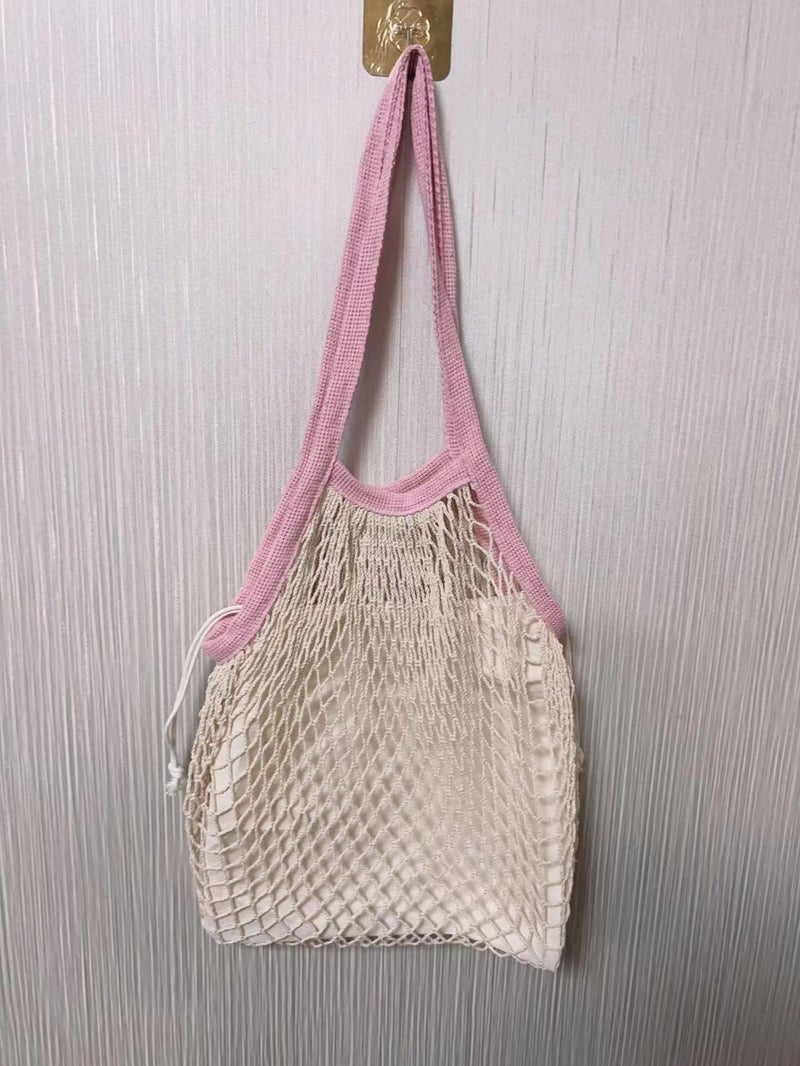 Cotton Mesh Bag for Grocery Beach Toys Pink with rice mesh belt inner bag 