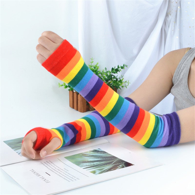 Rainbow Striped Sleeve Gloves Cotton Warmth Rainbow Sleeve 