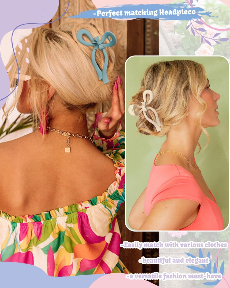 CHLINS 4 PCS Bow Hair Clips Bow Claw Clip for Women Nonslip Large Hair Claw Clips for Thin and Thick Hair Strong Hold Hair Bows (Pink+Blue+Green+Off-White) - Image 3