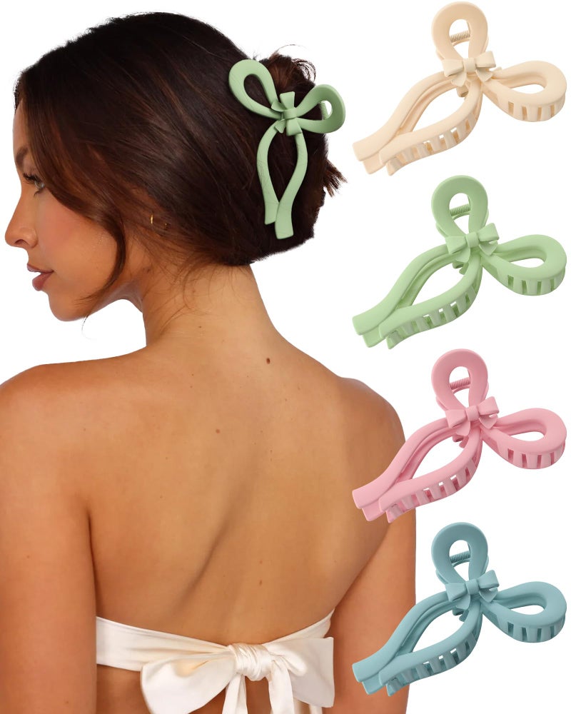 CHLINS 4 PCS Bow Hair Clips Bow Claw Clip for Women Nonslip Large Hair Claw Clips for Thin and Thick Hair Strong Hold Hair Bows (Pink+Blue+Green+Off-White) - Image 1