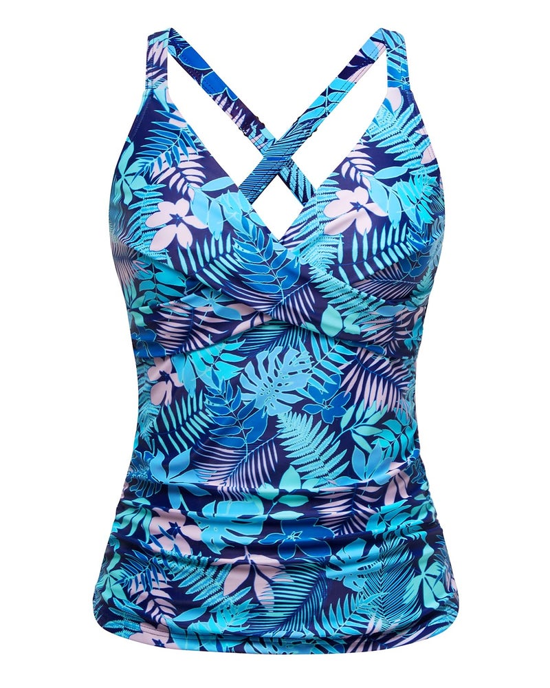 Tempt Me Women Underwire Tankini Top Only - Twist Front V Neck Bathing Suit Swim Top Tummy Control Cross Swimsuit 2026 Blue Leaves L - Image 1