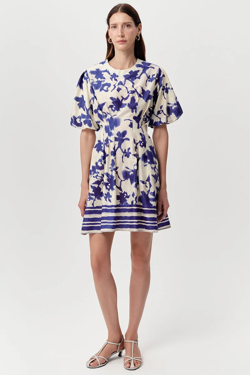 EXQUISE Balloon Sleeve, Pocketed, Waist-Fitting, Zip-Up Mini Dress in Sapphire Color