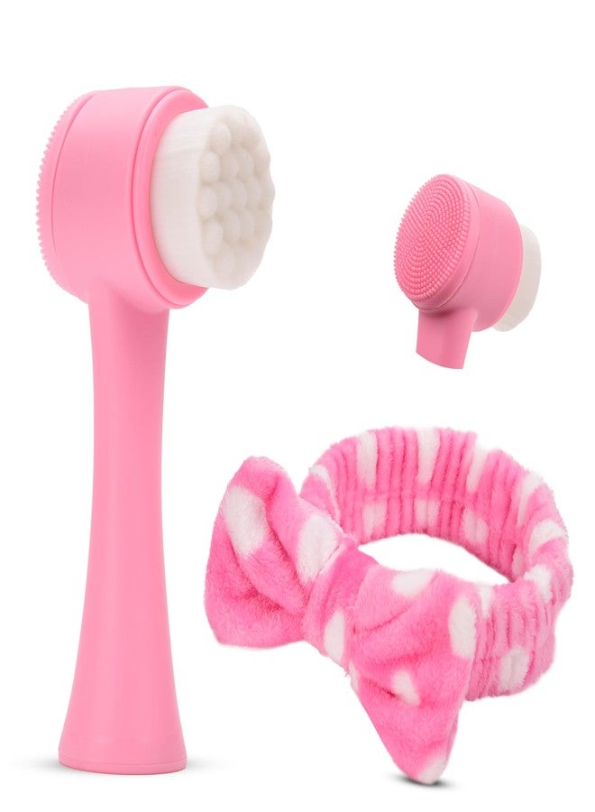 RarePicks Facial Cleansing Brush & Headband Set | Dual-Sided Silicone & Bristle Face Brush | Cute Skincare Hairband | Deep Pore Exfoliation, Ergonomic, Waterproof & Travel-Friendly Skin Care Kit | Baby Pink - Image 1