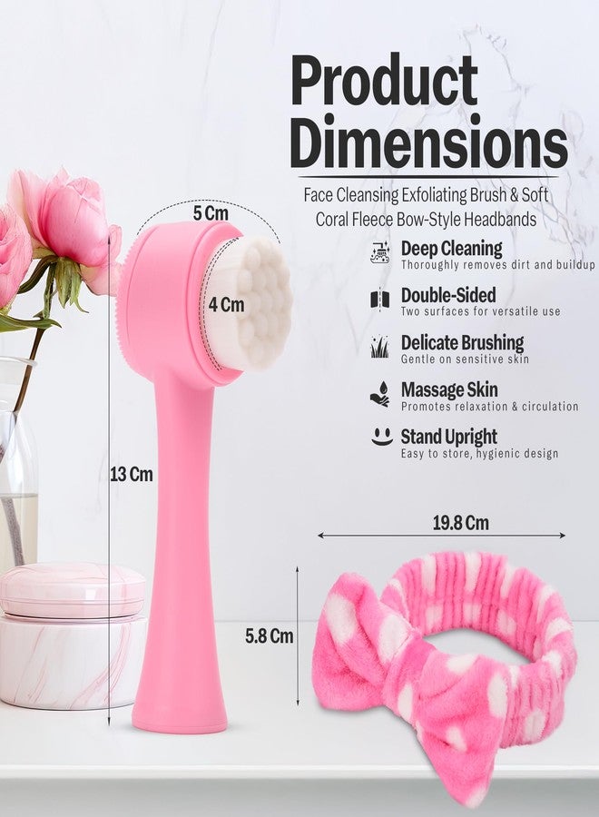 RarePicks Facial Cleansing Brush & Headband Set | Dual-Sided Silicone & Bristle Face Brush | Cute Skincare Hairband | Deep Pore Exfoliation, Ergonomic, Waterproof & Travel-Friendly Skin Care Kit | Baby Pink - Image 2