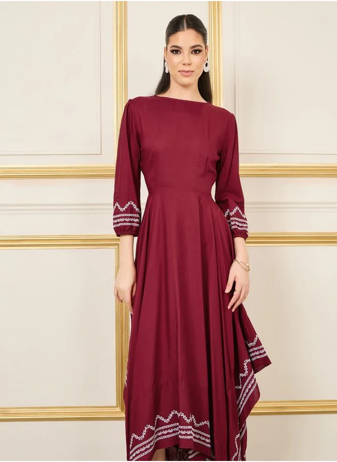 ستايلي Embroidered Handkerchief Hem A-Line Midi Dress