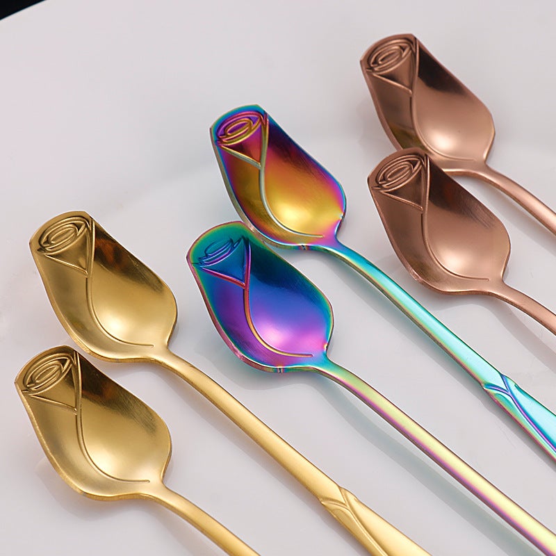 Stainless Steel Rose Spoon High Color Value Long Handle Coffee Mixing Stick Hand Gift Ice Cream Flower Small Spoon - Image 3