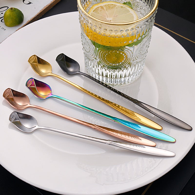 Stainless Steel Rose Spoon High Color Value Long Handle Coffee Mixing Stick Hand Gift Ice Cream Flower Small Spoon - Image 2