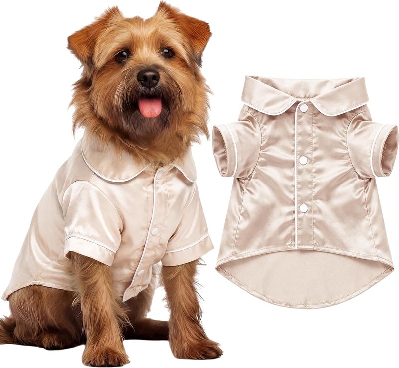 Cosblank Dog Silk Pajamas Shirts Puppy Satin Pjs Pet Sleepwear Soft Faux Silk Lapel Two-Legged for Small Dogs Bridal Party(M,Champagne) - Image 1