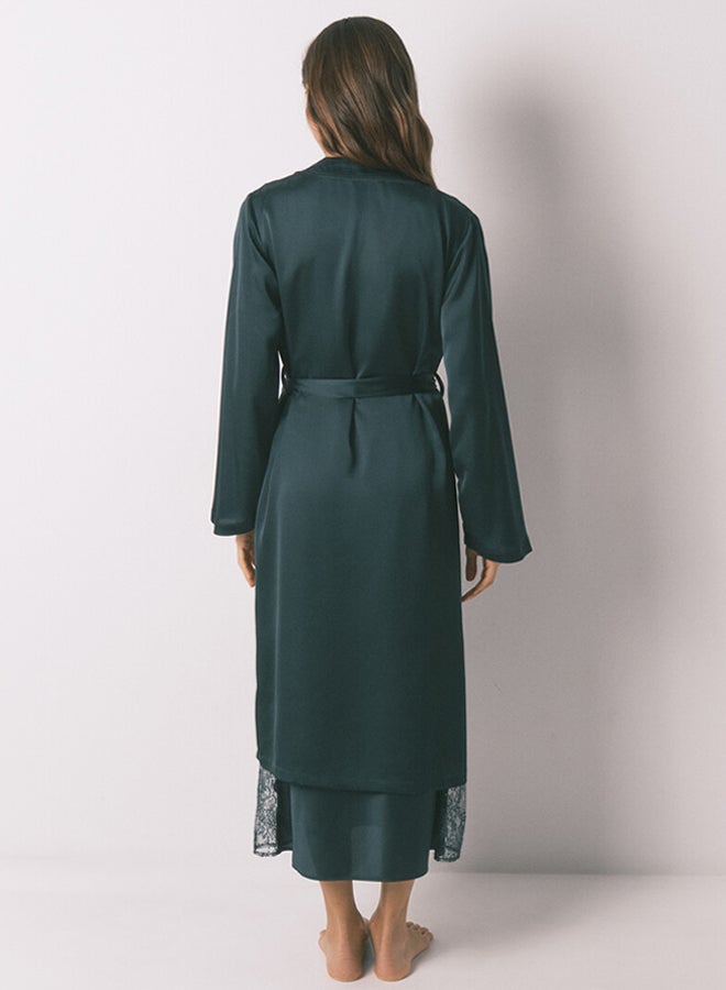 women'secret Long, loose-fitting green satin robe - Image 5