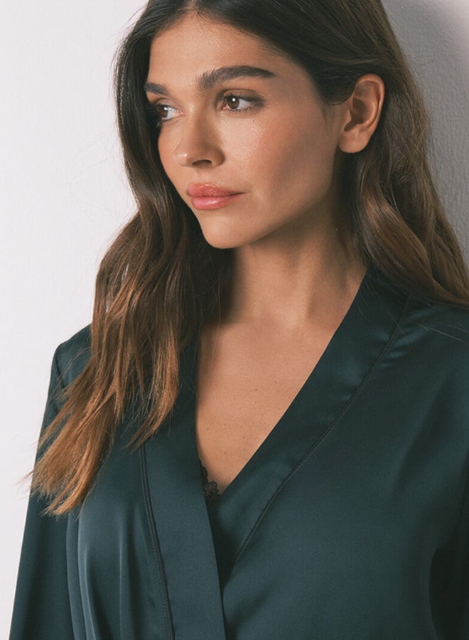 women'secret Long, loose-fitting green satin robe - Image 2