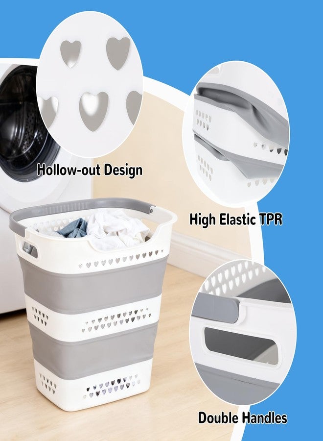Wenceda 2 Pcs Collapsible Laundry Baskets for Clothes, 43L Plastic Laundry Hamper for Dorm Bedroom, Space Saving Pop-Up Laundry Hamper Container, Durable Foldable Laundry Basket with Handles (Grey-White) - Image 3