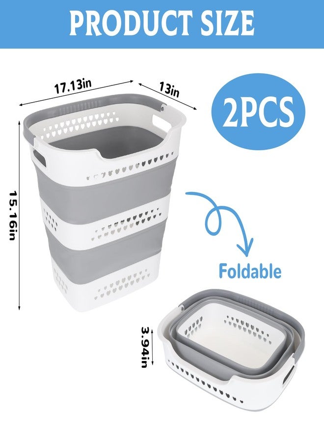 Wenceda 2 Pcs Collapsible Laundry Baskets for Clothes, 43L Plastic Laundry Hamper for Dorm Bedroom, Space Saving Pop-Up Laundry Hamper Container, Durable Foldable Laundry Basket with Handles (Grey-White) - Image 2
