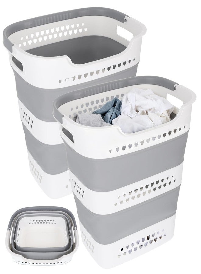 Wenceda 2 Pcs Collapsible Laundry Baskets for Clothes, 43L Plastic Laundry Hamper for Dorm Bedroom, Space Saving Pop-Up Laundry Hamper Container, Durable Foldable Laundry Basket with Handles (Grey-White) - Image 1